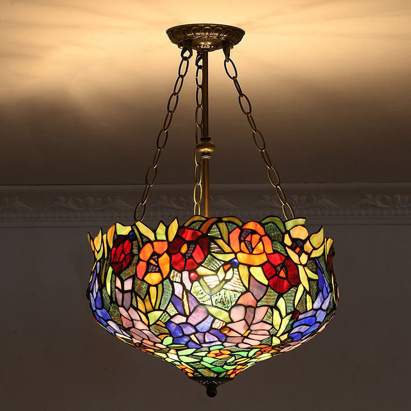 Bowl Shade Suspension Lighting Stained Art Glass Tiffany-Style Pendant Ceiling Light