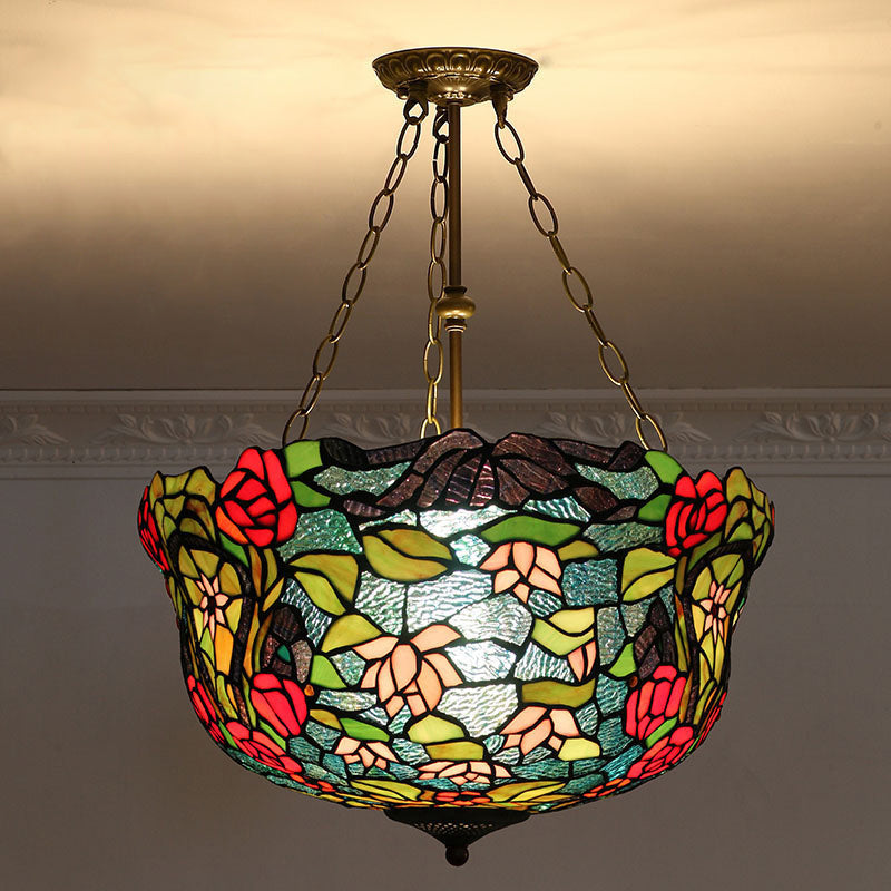 Bowl Shade Suspension Lighting Stained Art Glass Tiffany-Style Pendant Ceiling Light