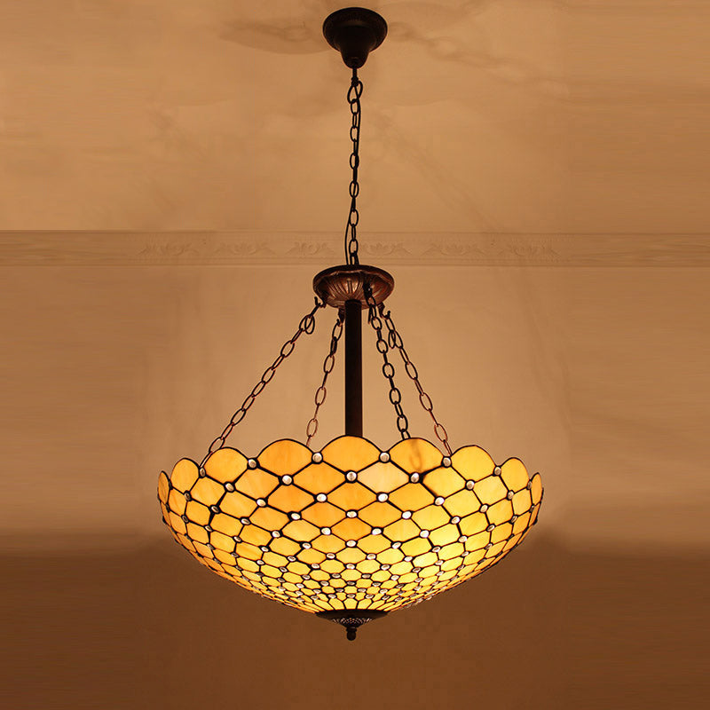 Bowl Shade Suspension Lighting Stained Art Glass Tiffany-Style Pendant Ceiling Light