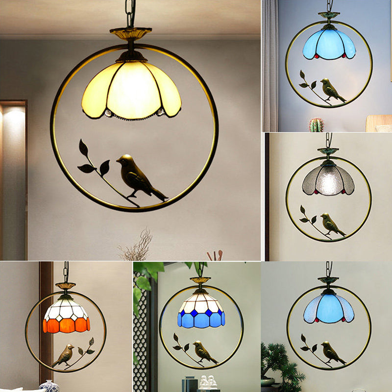 Single-Bulb Ceiling Light Vintage Scalloped Dome Stained Glass Hanging Pendant Light