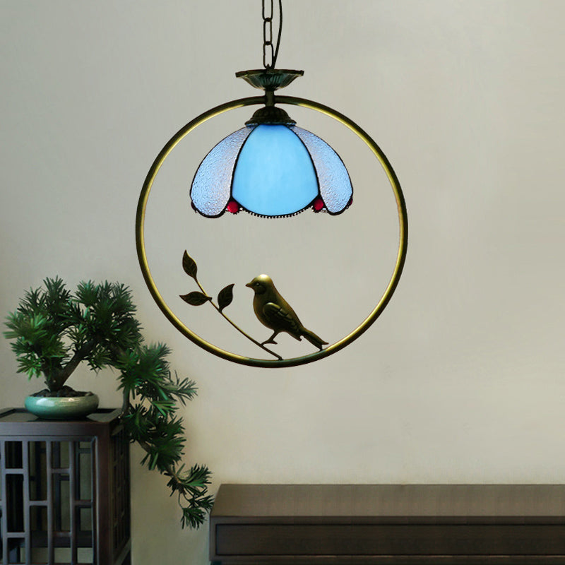 Single-Bulb Ceiling Light Vintage Scalloped Dome Stained Glass Hanging Pendant Light