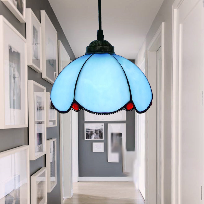 Single-Bulb Ceiling Light Vintage Scalloped Dome Stained Glass Hanging Pendant Light