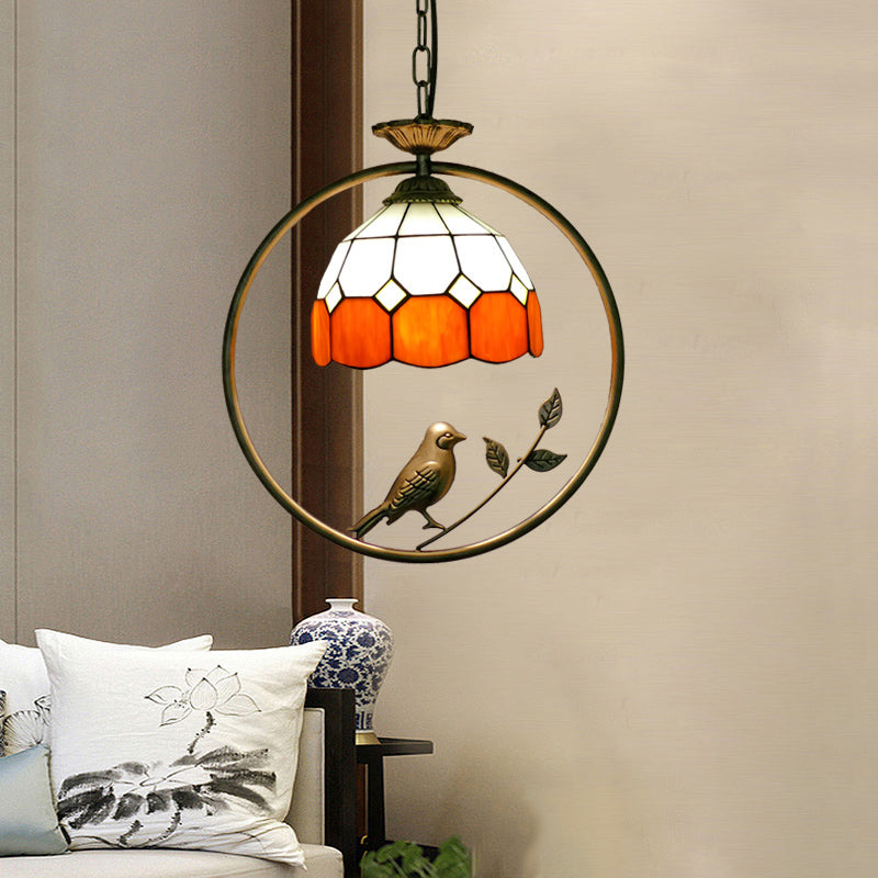 Single-Bulb Ceiling Light Vintage Scalloped Dome Stained Glass Hanging Pendant Light