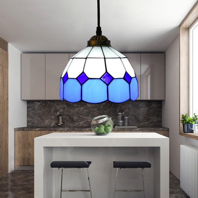 Single-Bulb Ceiling Light Vintage Scalloped Dome Stained Glass Hanging Pendant Light