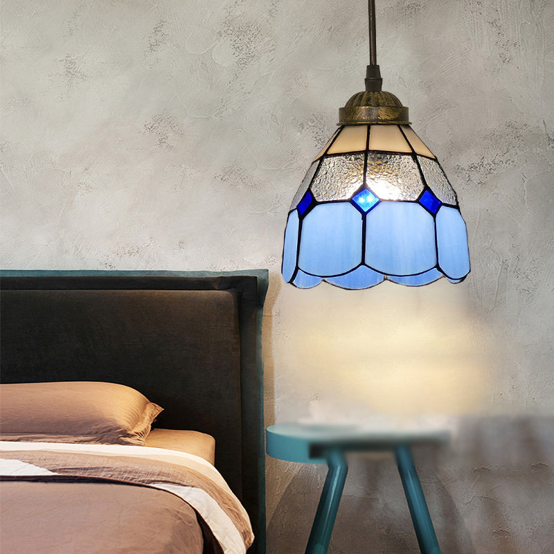 Single-Bulb Ceiling Light Vintage Scalloped Dome Stained Glass Hanging Pendant Light