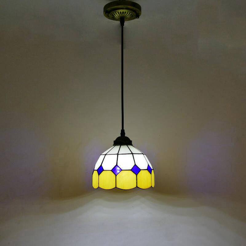 Single-Bulb Ceiling Light Vintage Scalloped Dome Stained Glass Hanging Pendant Light