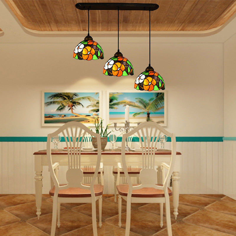 Dome Shade Stained Art Glass Multi Light Pendant Vintage 3 Bulbs Orange Hanging Lighting