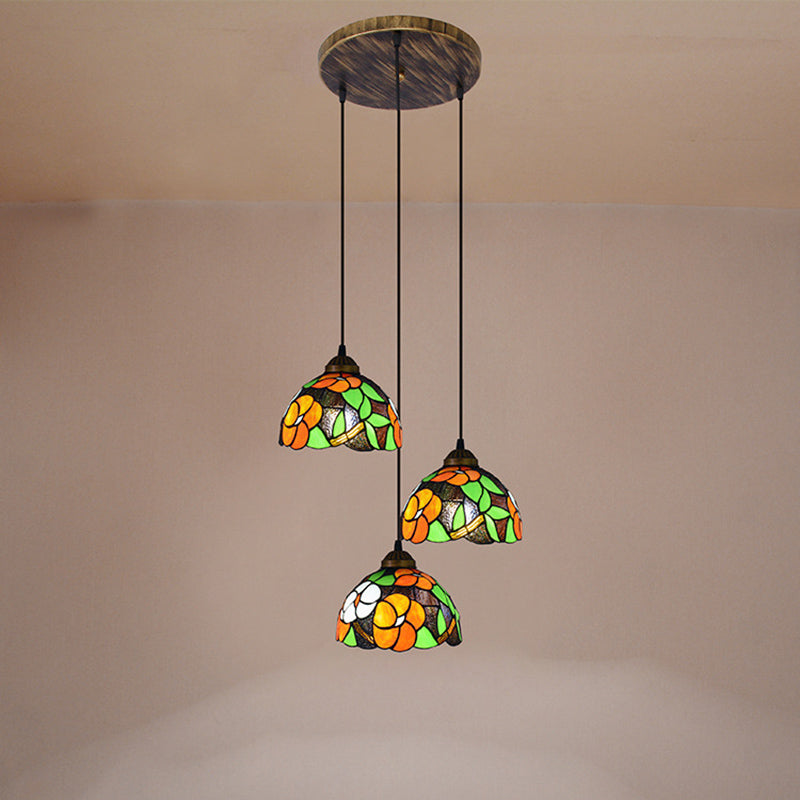 Dome Shade Stained Art Glass Multi Light Pendant Vintage 3 Bulbs Orange Hanging Lighting
