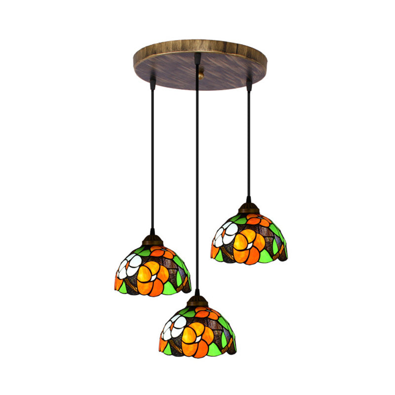 Dome Shade Stained Art Glass Multi Light Pendant Vintage 3 Bulbs Orange Hanging Lighting