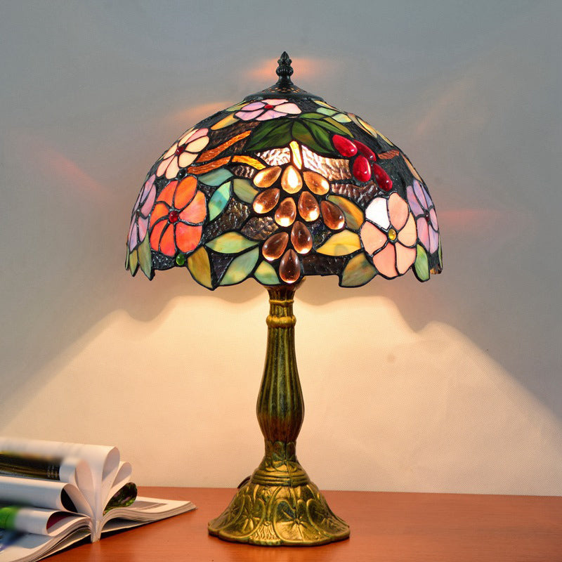 Bowl Table Light Tiffany Stained Art Glass Single Antique Brass Nightstand Lamp with Flower and Grape Pattern