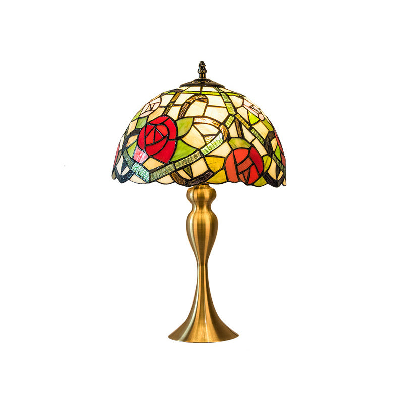 Vintage Dome Table Lamp Single-Bulb Handcrafted Glass Nightstand Lighting with Floral Pattern