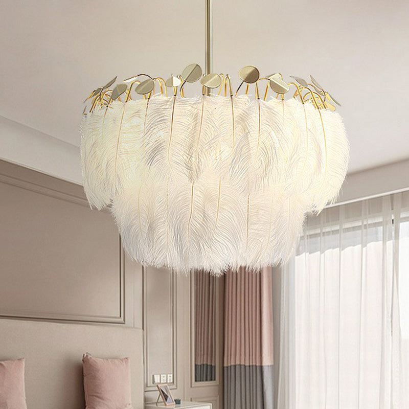 Round Chandelier Light Nordic Style Feather Nursery Pendant Light Fixture in Gold