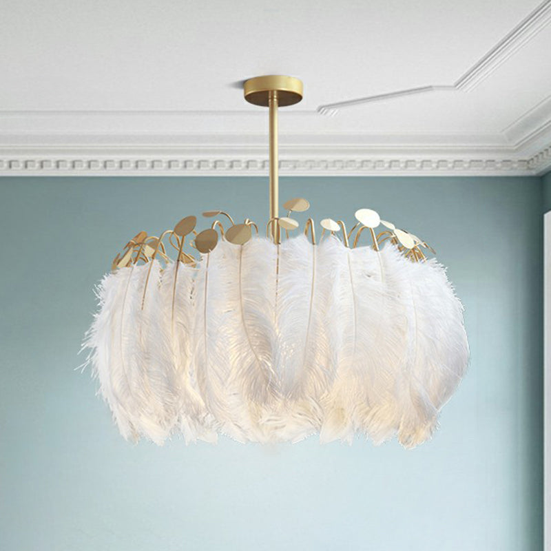 Round Chandelier Light Nordic Style Feather Nursery Pendant Light Fixture in Gold