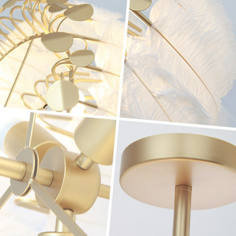 Round Chandelier Light Nordic Style Feather Nursery Pendant Light Fixture in Gold