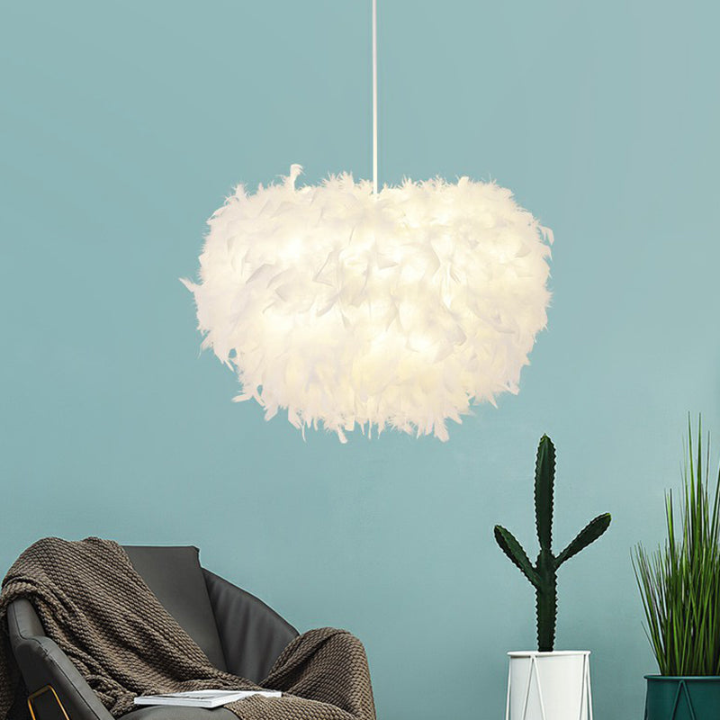 Minimalistic Hemisphere Suspension Light Feather Living Room Pendant Light Fixture in White