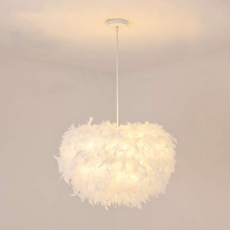 Minimalistic Hemisphere Suspension Light Feather Living Room Pendant Light Fixture in White