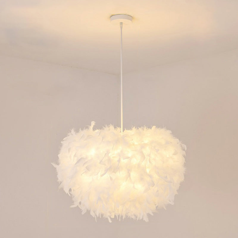 Minimalistic Hemisphere Suspension Light Feather Living Room Pendant Light Fixture in White