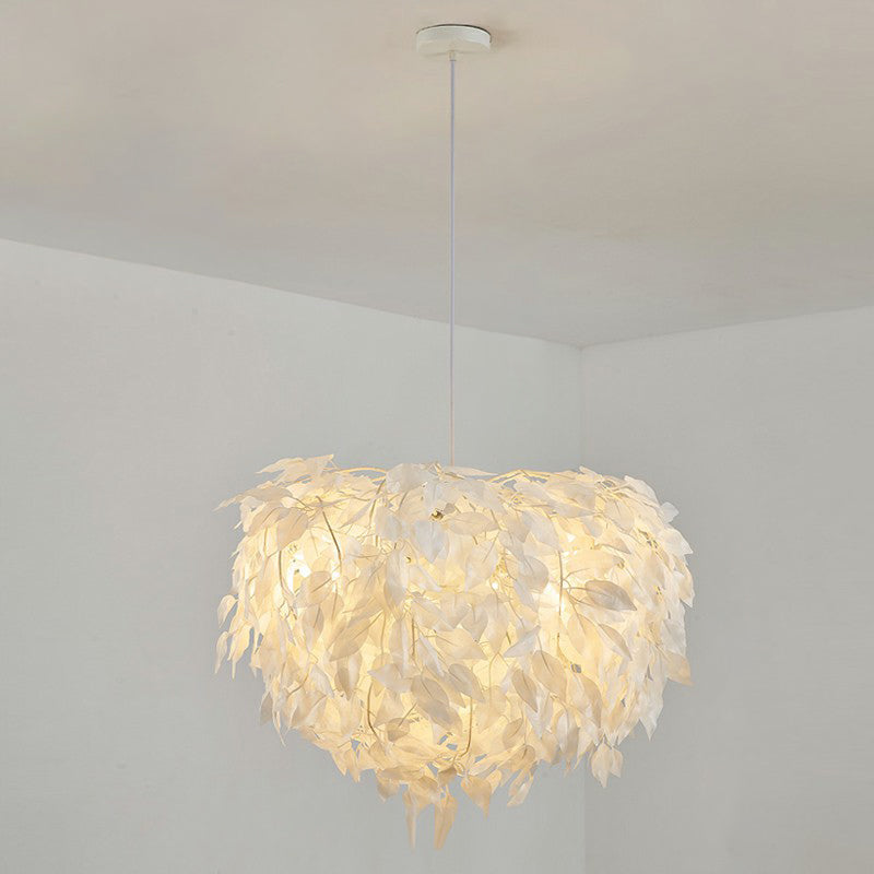 Round Shaped Ceiling Lighting Simplicity Feather Girls Bedroom Hanging Lamp in White