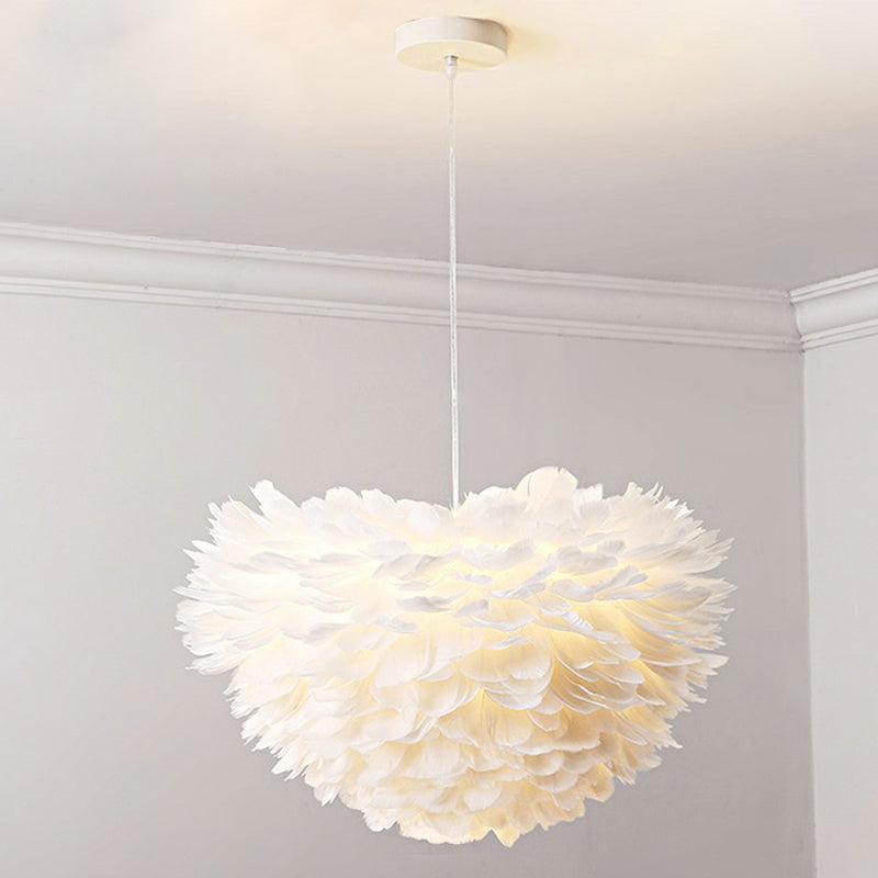 Round Shaped Ceiling Lighting Simplicity Feather Girls Bedroom Hanging Lamp in White