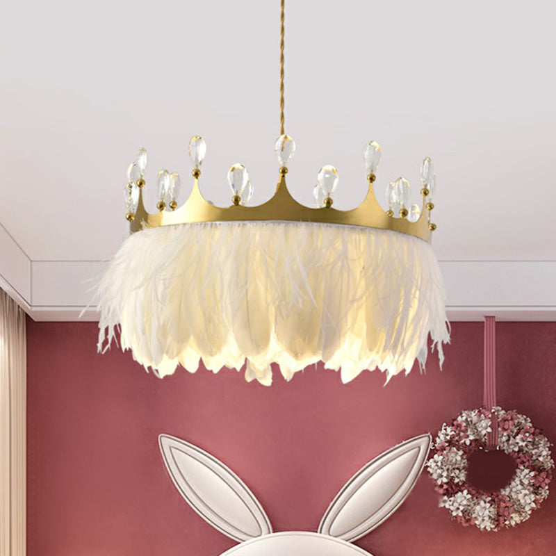 Gold Crown Pendant Light Modern Single Metallic Suspension Light Fixture with Crystal and Feather Decor