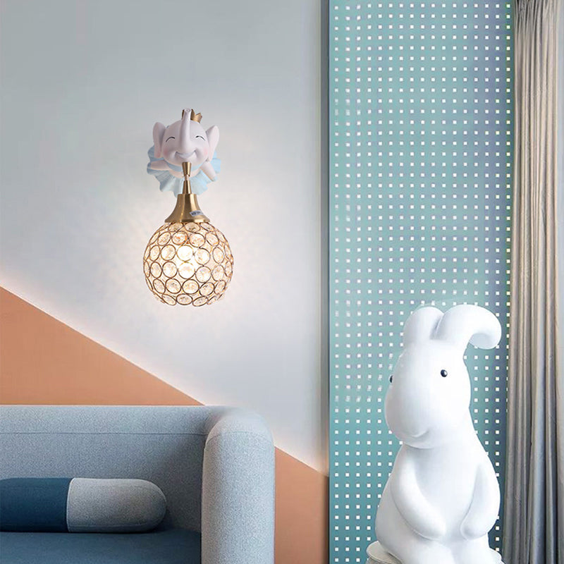 Hollowed out Ball Bedside Wall Mount Light Crystal 1 Head Artistic Wall Light Fixture with Animal Decor