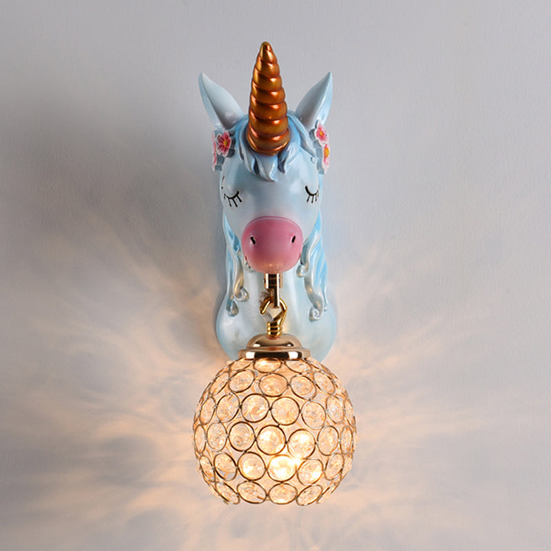 Cartoon Unicorn Wall Mount Light Resin Bedside Wall Lighting with Hollowed out Globe Shade
