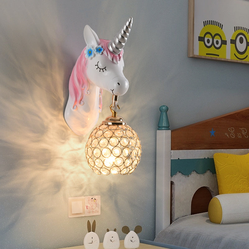 Cartoon Unicorn Wall Mount Light Resin Bedside Wall Lighting with Hollowed out Globe Shade