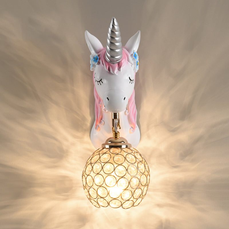 Cartoon Unicorn Wall Mount Light Resin Bedside Wall Lighting with Hollowed out Globe Shade