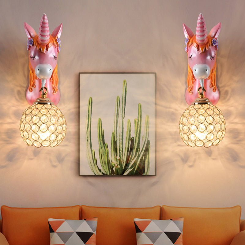 Cartoon Unicorn Wall Mount Light Resin Bedside Wall Lighting with Hollowed out Globe Shade