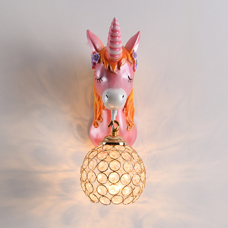 Cartoon Unicorn Wall Mount Light Resin Bedside Wall Lighting with Hollowed out Globe Shade