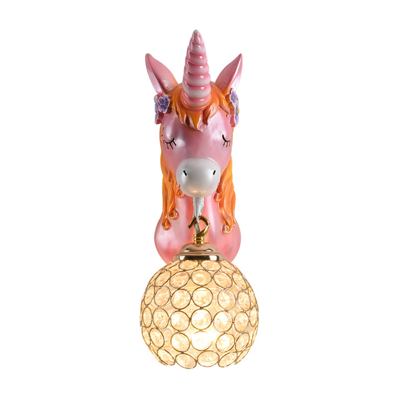Cartoon Unicorn Wall Mount Light Resin Bedside Wall Lighting with Hollowed out Globe Shade