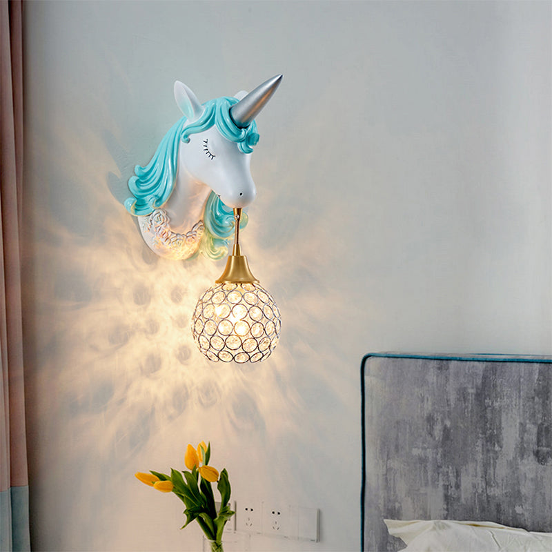 Hollowed out Wall Lamp Nordic Crystal Single Wall Light Fixture with Unicorn Decor