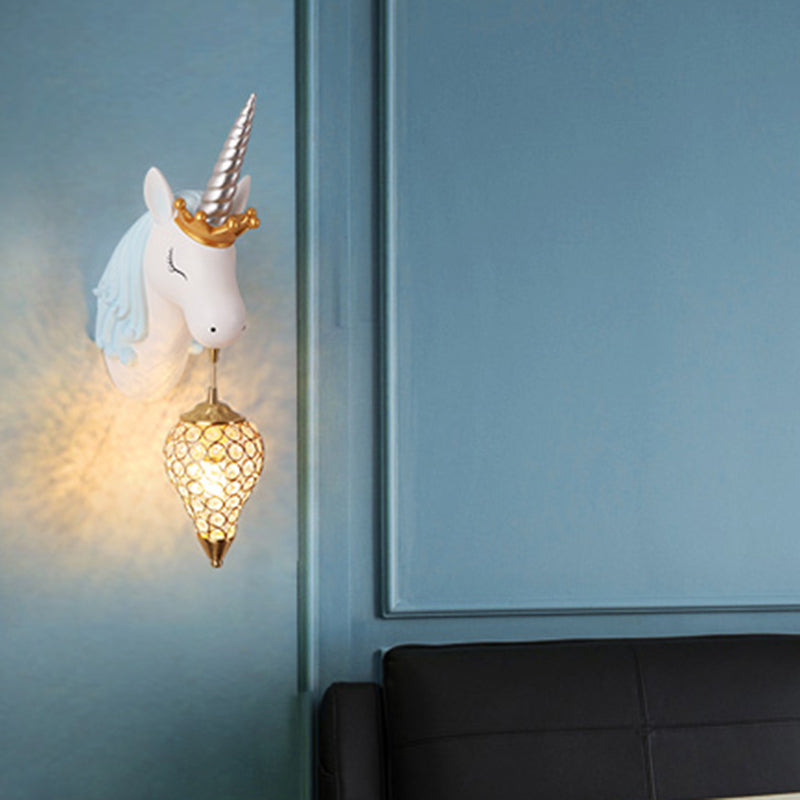 Resin Unicorn Wall Light Cartoon Single-Bulb Wall Lighting Fixture with Crystal Shade