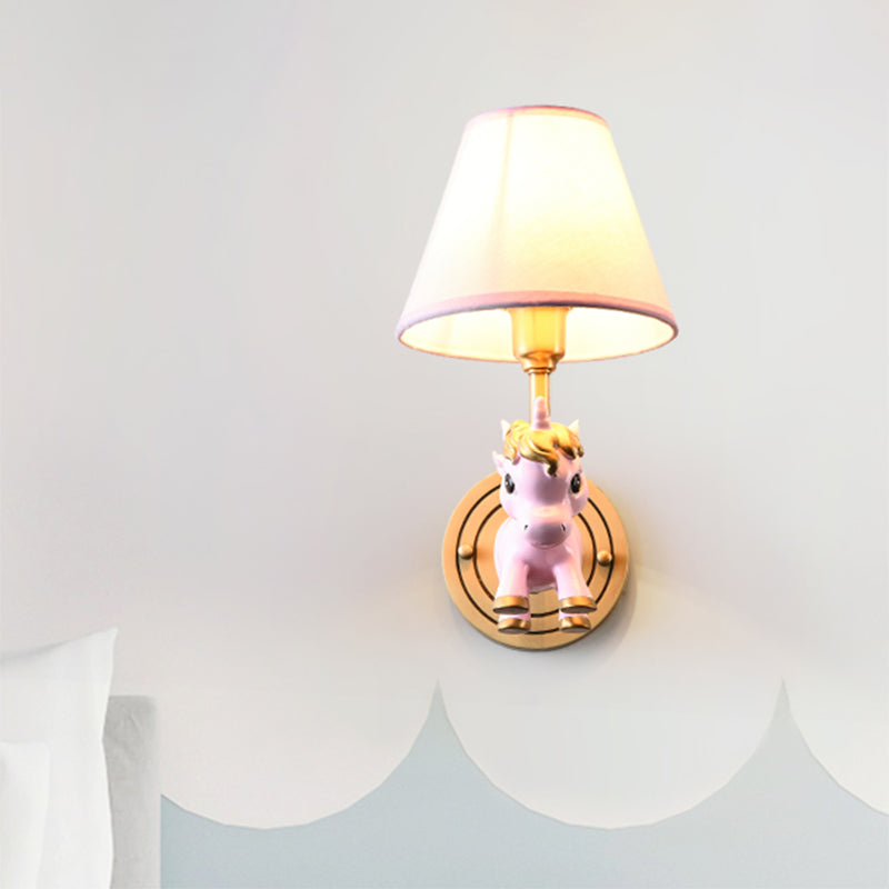 Kid Flying Unicorn Wall Mount Light Kids Resin Child Room Wall Light Fixture with Tapered Fabric Shade
