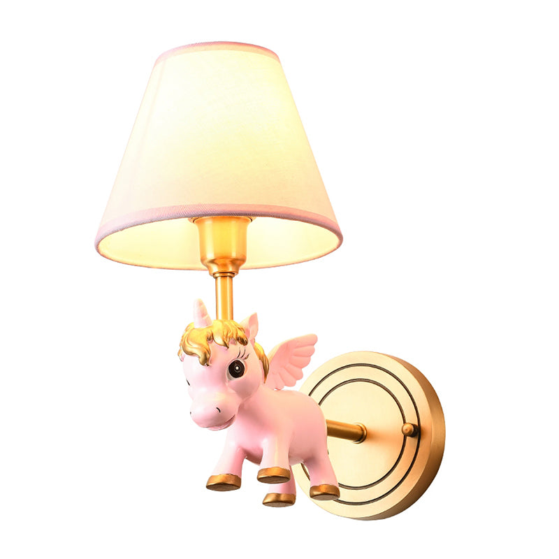 Kid Flying Unicorn Wall Mount Light Kids Resin Child Room Wall Light Fixture with Tapered Fabric Shade