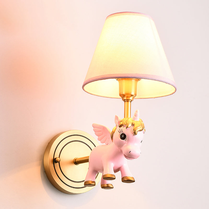 Kid Flying Unicorn Wall Mount Light Kids Resin Child Room Wall Light Fixture with Tapered Fabric Shade