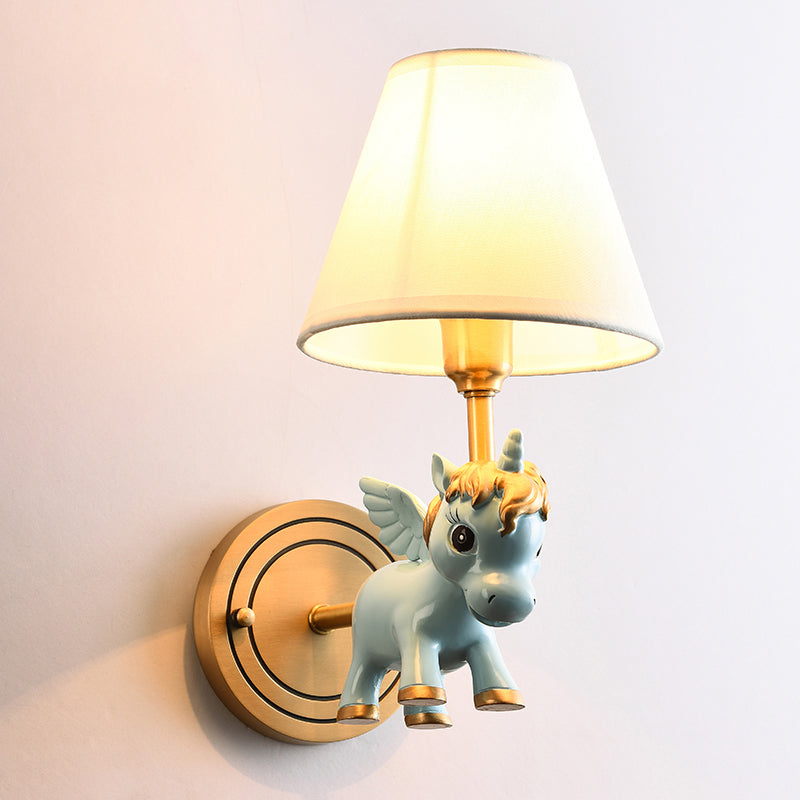 Kid Flying Unicorn Wall Mount Light Kids Resin Child Room Wall Light Fixture with Tapered Fabric Shade
