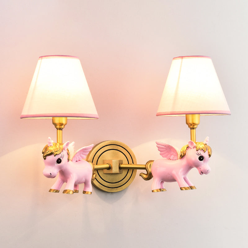 Kid Flying Unicorn Wall Mount Light Kids Resin Child Room Wall Light Fixture with Tapered Fabric Shade