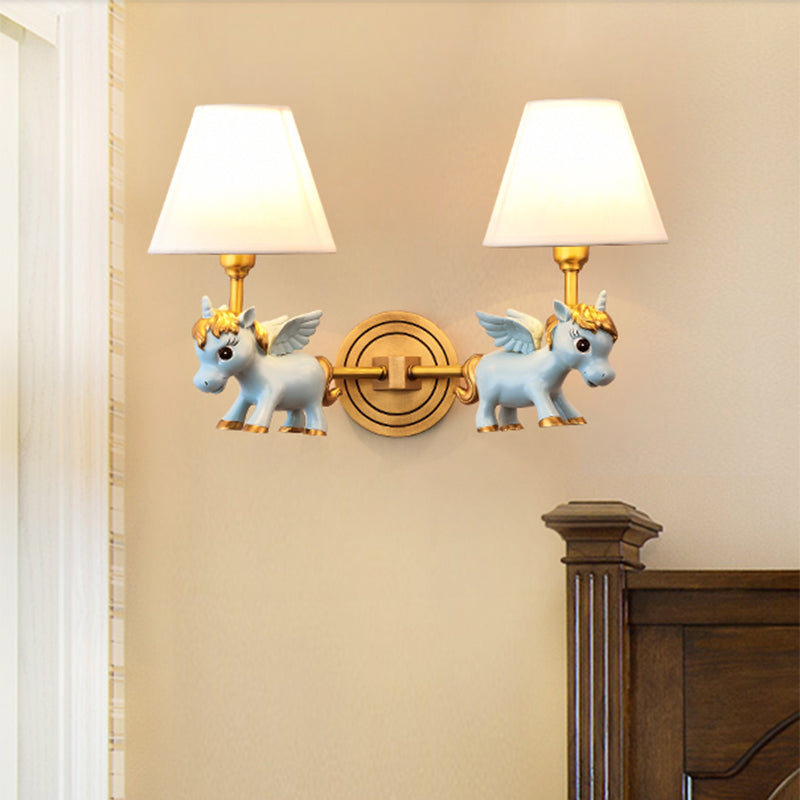 Kid Flying Unicorn Wall Mount Light Kids Resin Child Room Wall Light Fixture with Tapered Fabric Shade