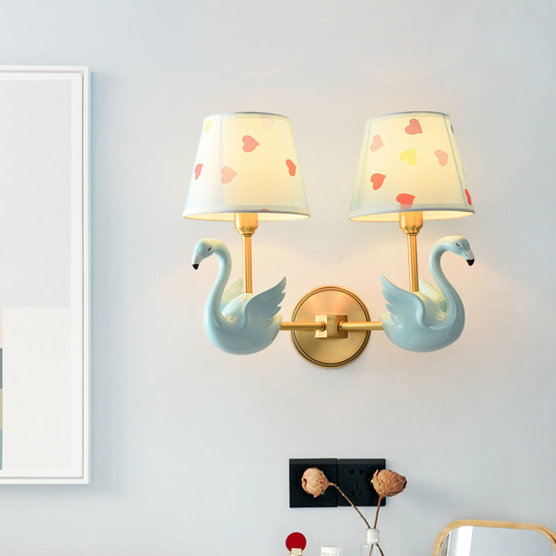 Empire Shade Bedside Wall Lamp Patterned Fabric Kids Wall Light Fixture with Resin Swan