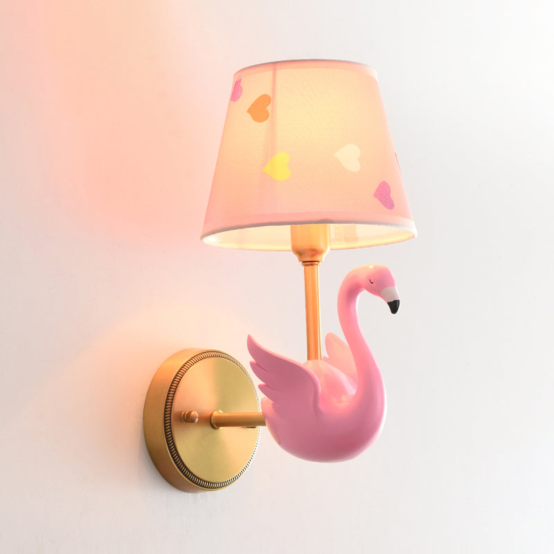 Empire Shade Bedside Wall Lamp Patterned Fabric Kids Wall Light Fixture with Resin Swan