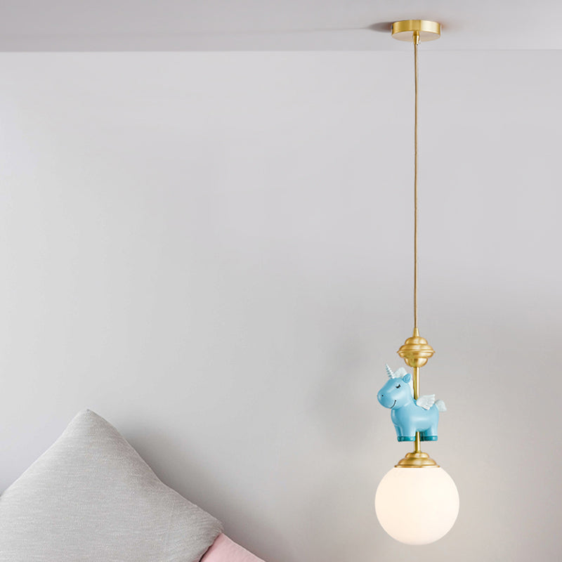 Cream Glass Globe Suspension Light Kids 1-Light Pendant Light Fixture with Resin Unicorn