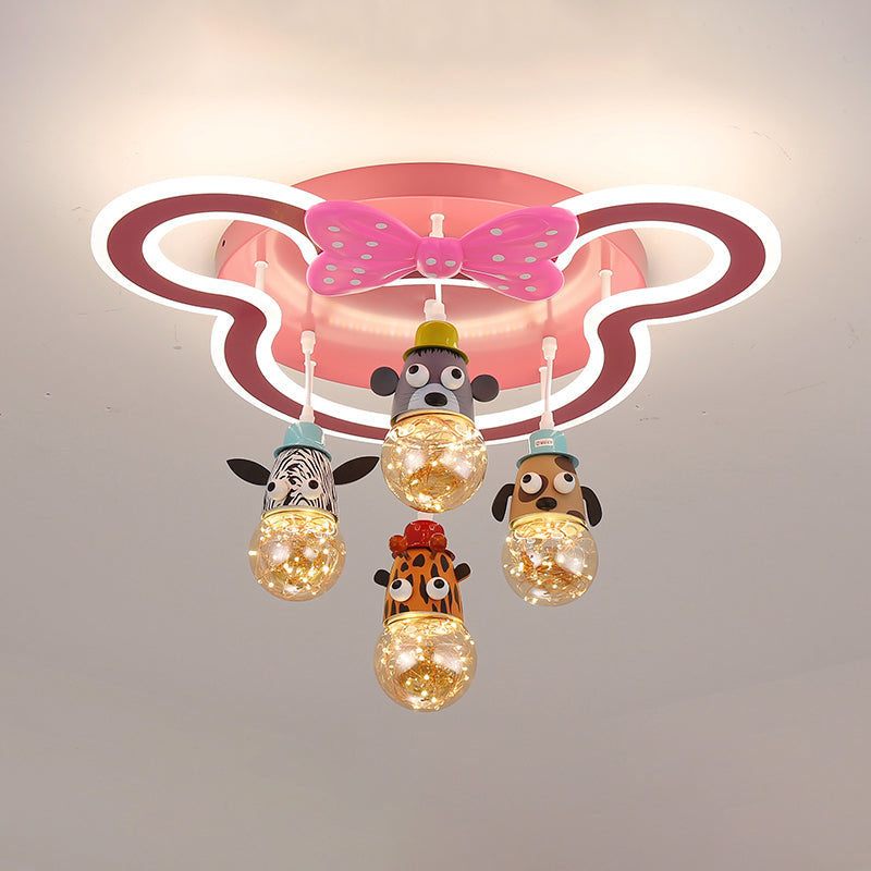 Animal Head Multi Light Pendant Cartoon Metallic Child Room Hanging Lighting in Pink