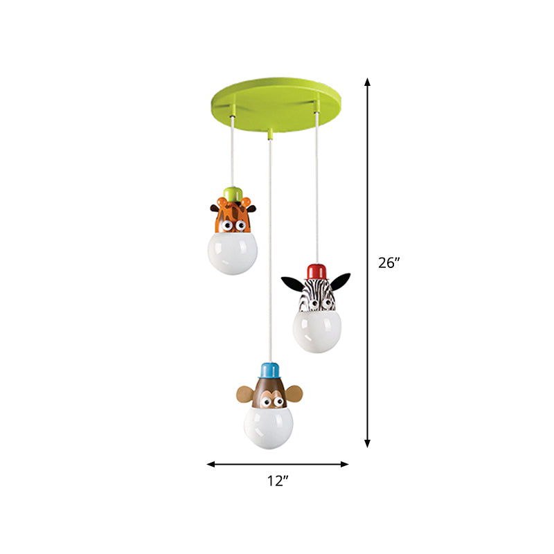 Globe White Hanging Light Cartoon 3 Cabezas acrílicas Multi Light Colgante con decoración de la cabeza de animales