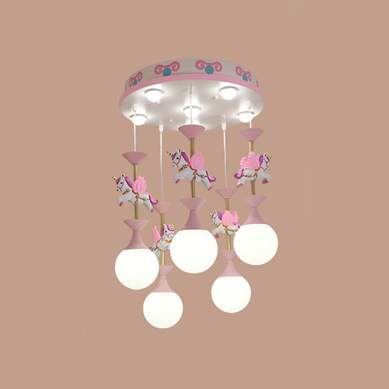 Cartoon Flying Unicorn Multi Light Pendant Resin Kindergarten Hanging Lighting with Sphere Cream Glass Shade
