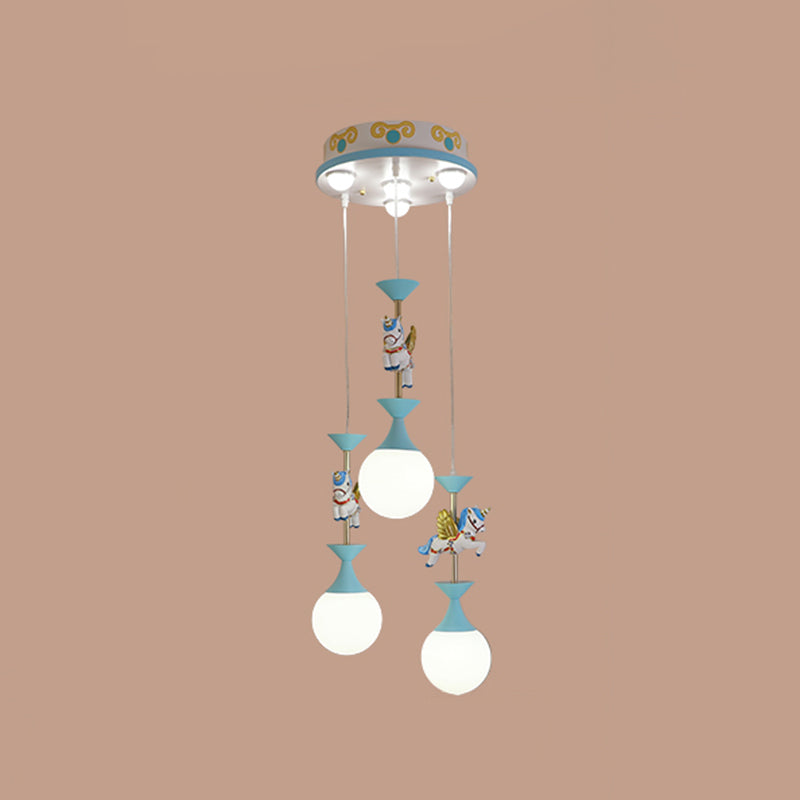 Cartoon Flying Unicorn Multi Light Pendant Resin Kindergarten Hanging Lighting with Sphere Cream Glass Shade