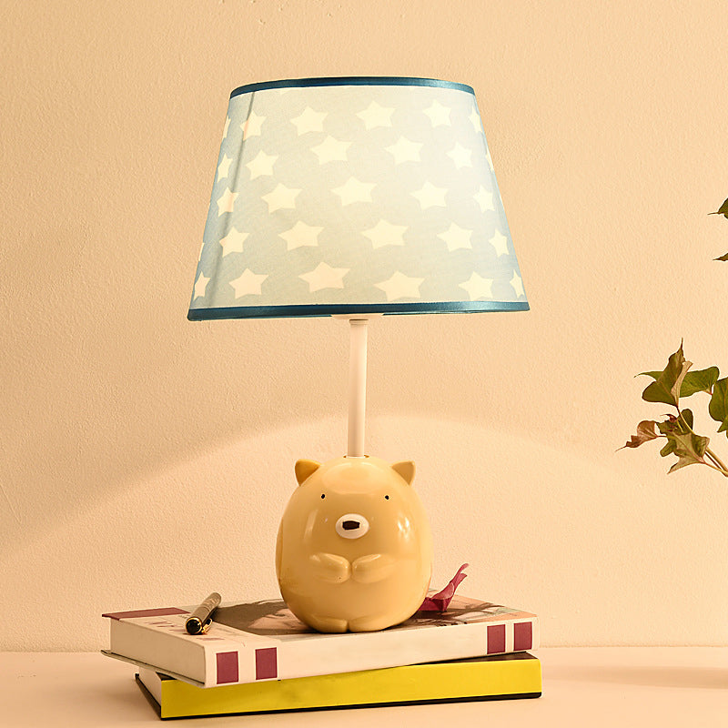 Bear Nightstand Lamp Kids Resin 1��Bulb Bedroom Table Lighting with Tapered Fabric Shade in Apricot