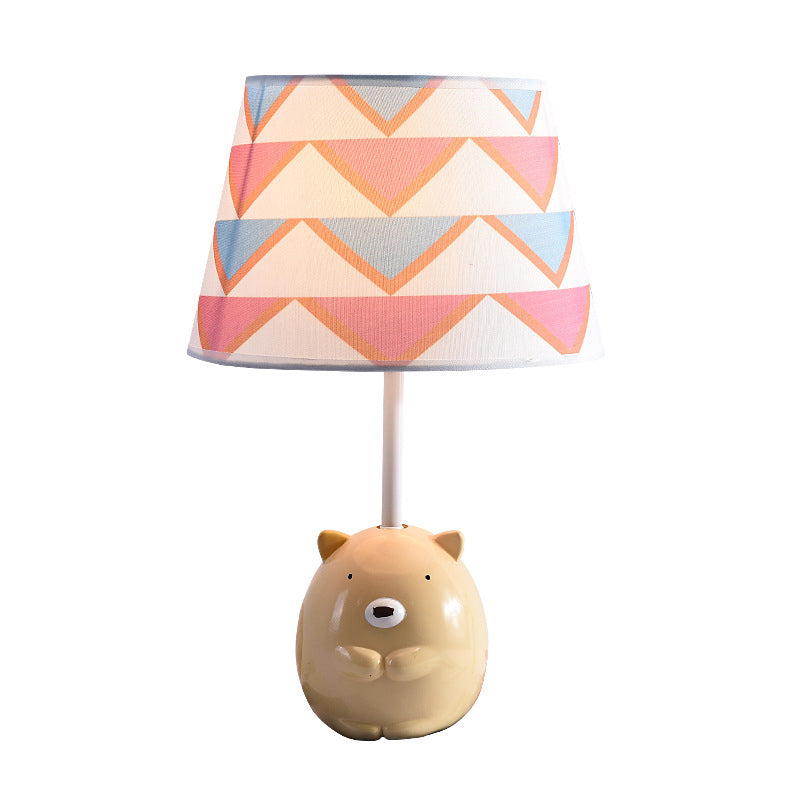 Bear Nightstand Lamp Kids Resin 1 Bulb Bedroom Table Lighting with Tapered Fabric Shade in Apricot