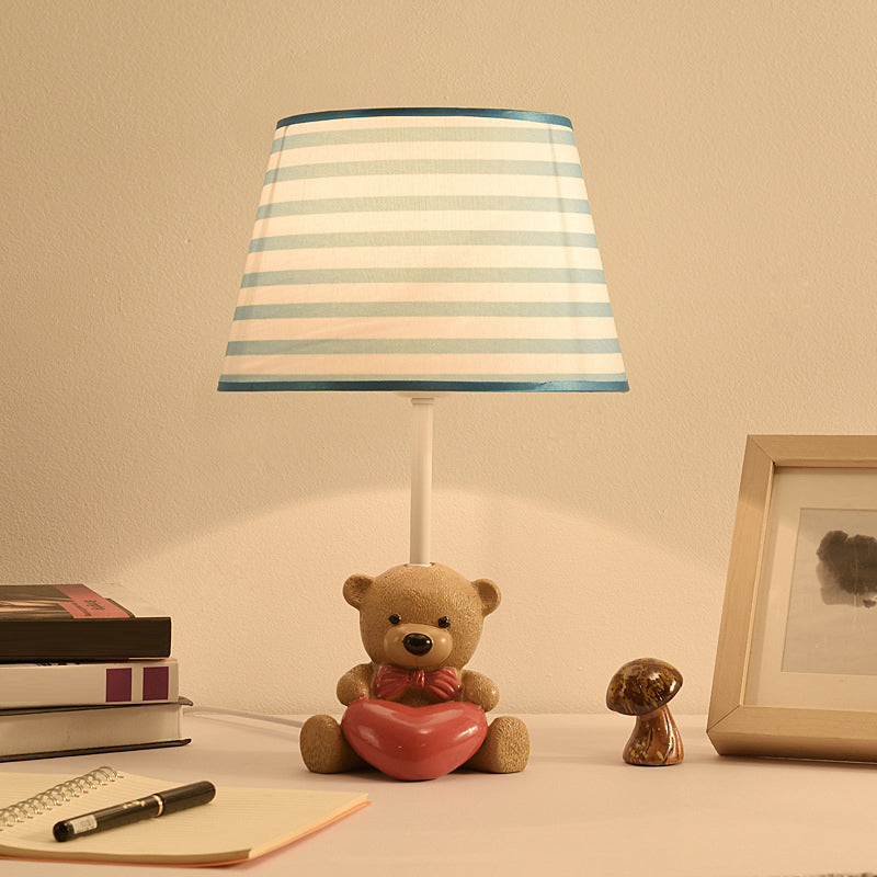 Fabric Empire Shade Table Lamp Cartoon 1 Head Brown Nightstand Light with Resin Bear and Heart