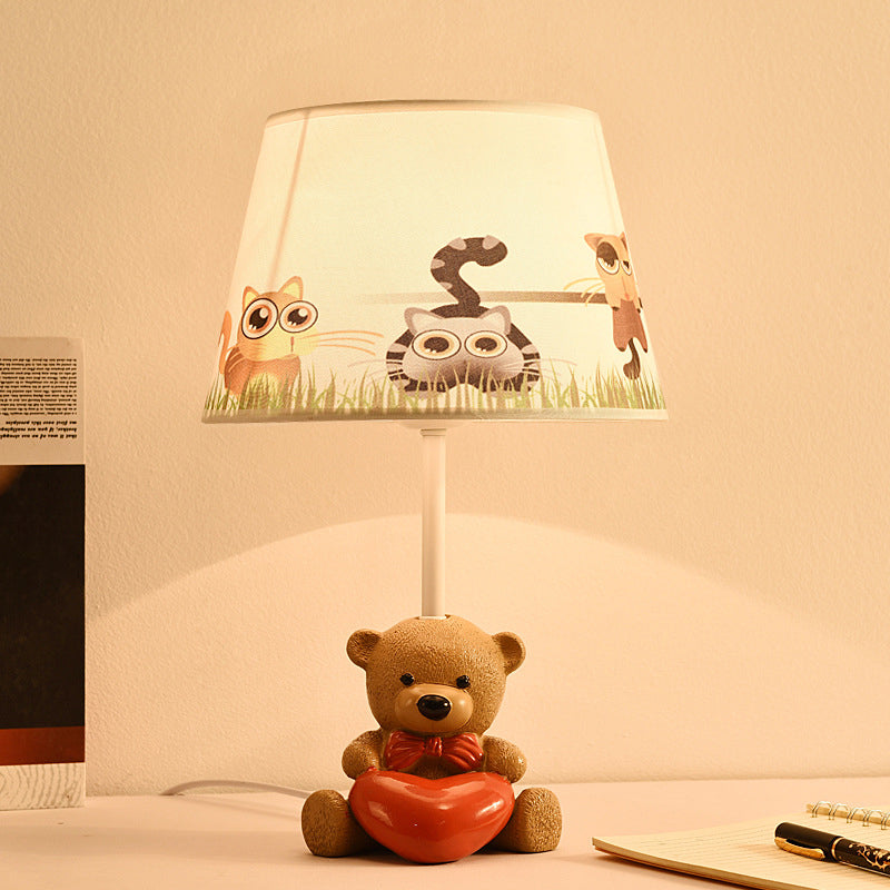 Fabric Empire Shade Table Lamp Cartoon 1 Head Brown Nightstand Light with Resin Bear and Heart